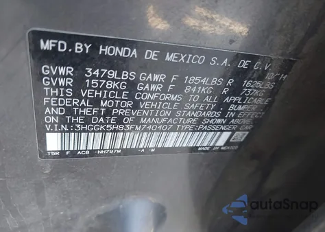 2015 Honda Fit Ex/Ex-L from USA, damaged, VIN 3HGGK5H83FM740407